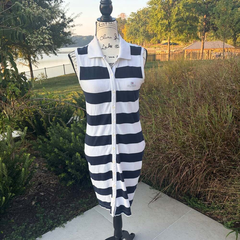 Y2K Tommy Hilfiger Navy White Striped Sleeveless Polo Dress Women’s Small